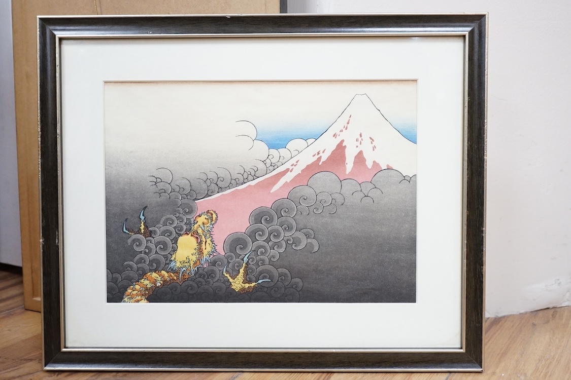 A set of ten Japanese woodblock prints to include ‘Great wave off the coast of Kanagawa’, ‘Fishermen at Kajikazawa’ and ‘Evening shower’, largest 25 x 36cm. Condition - fair